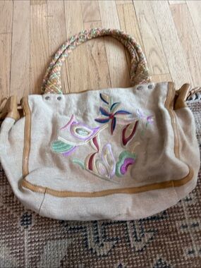 Sabrina Scala Embroidered Beige Canvas Shoulder Tote with Braided Handles